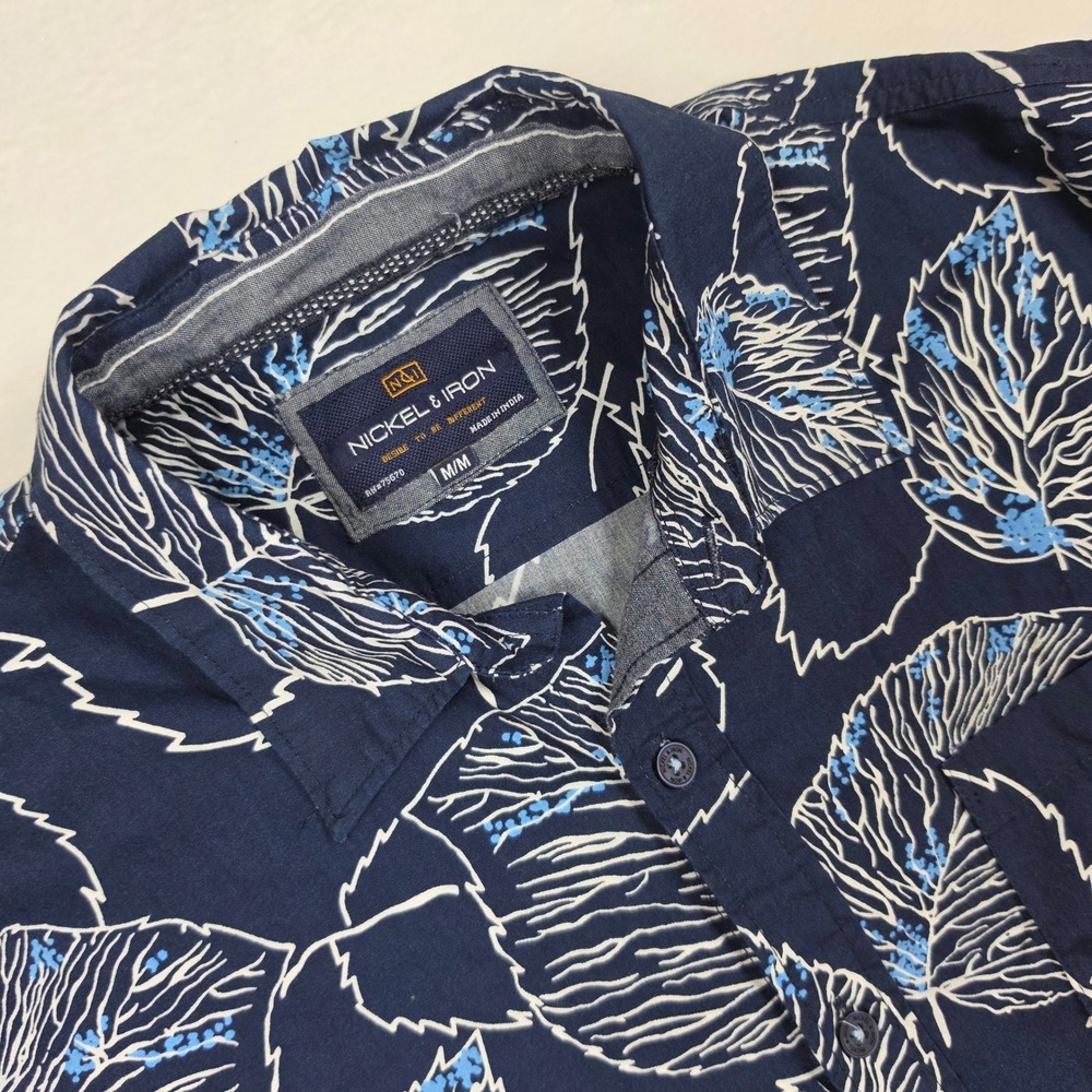 Nickel & Iron Mens Medium‎ Navy Blue White Leaf Print Cotton Short Sleeve Shirt